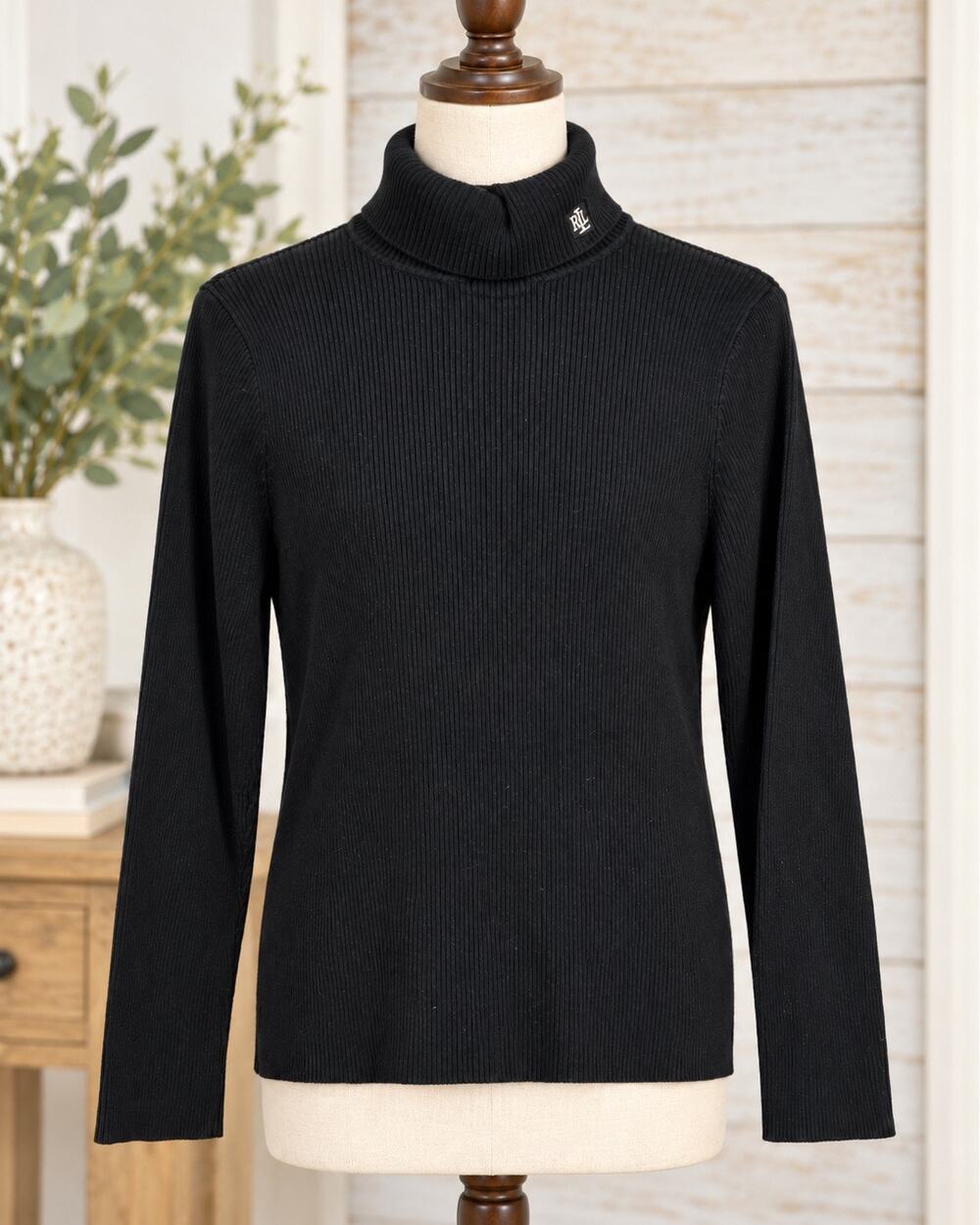 Lauren Ralph Lauren Black Ribbed Cotton Turtleneck Sweater Women’s XL RL Logo